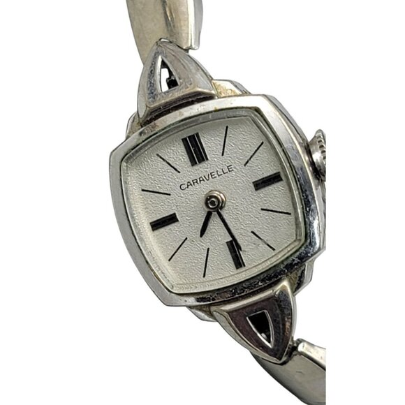 Carvelle Ladies Cocktail Wind Watch 10kgp Silver Tone 17mm Square Dial 6.5" 1974 - Picture 14 of 16